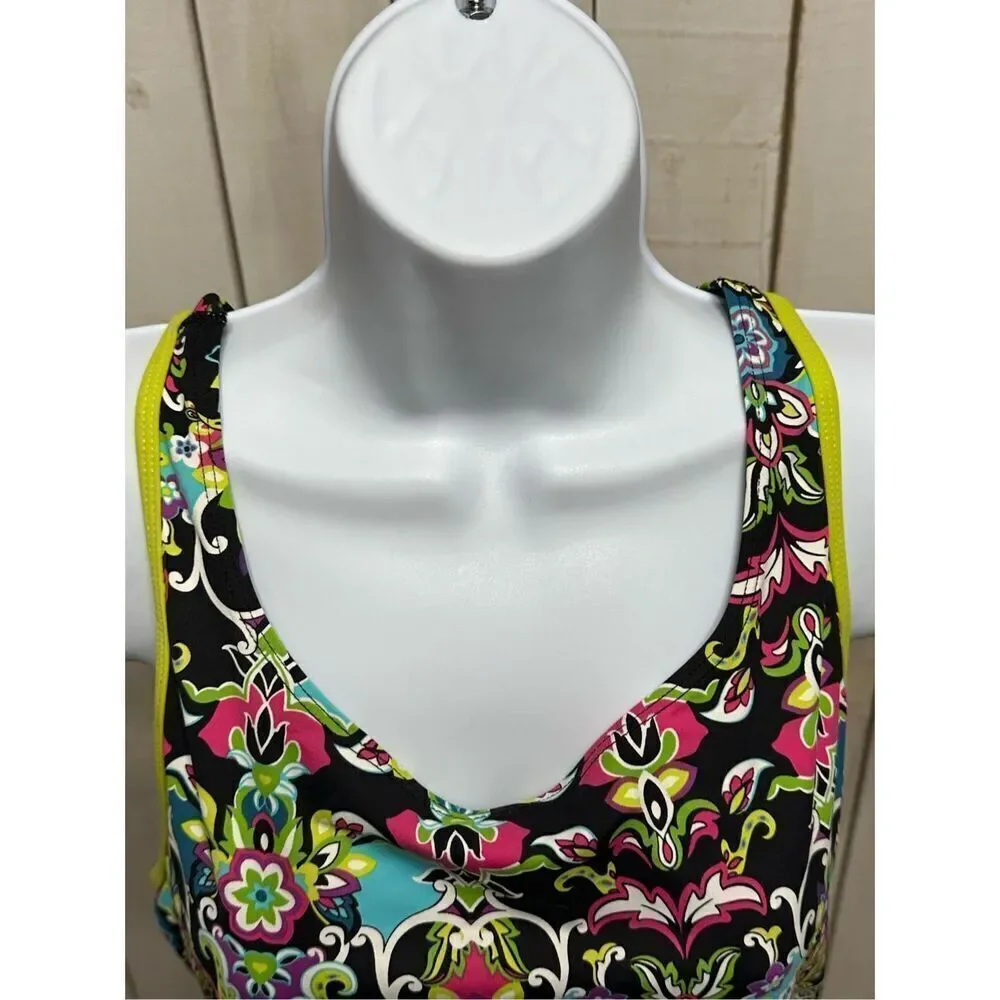 Athleta One Piece Swimsuit Size 12 Black Multicolor Floral Paisley Athletic Swim